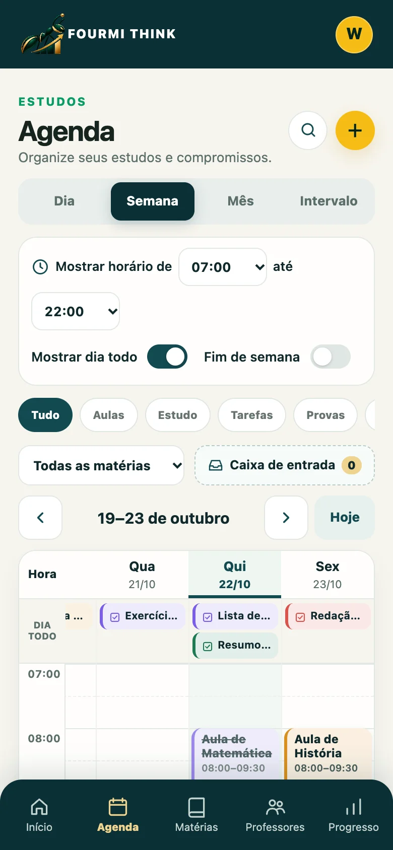 Agenda do Estudante com aulas, tarefas e provas