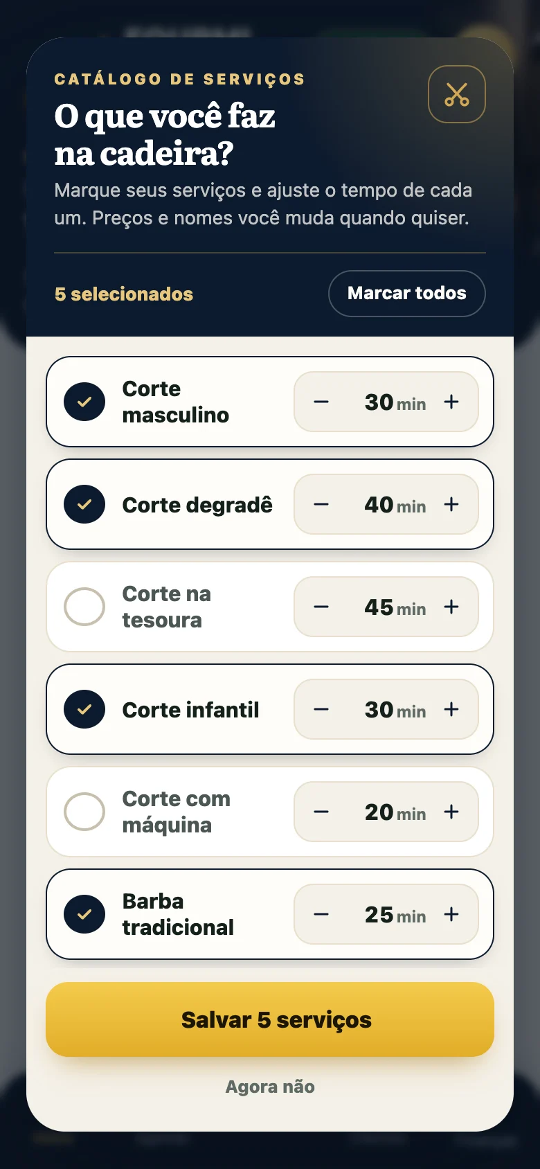 Tela do app para configurar os serviços e preços